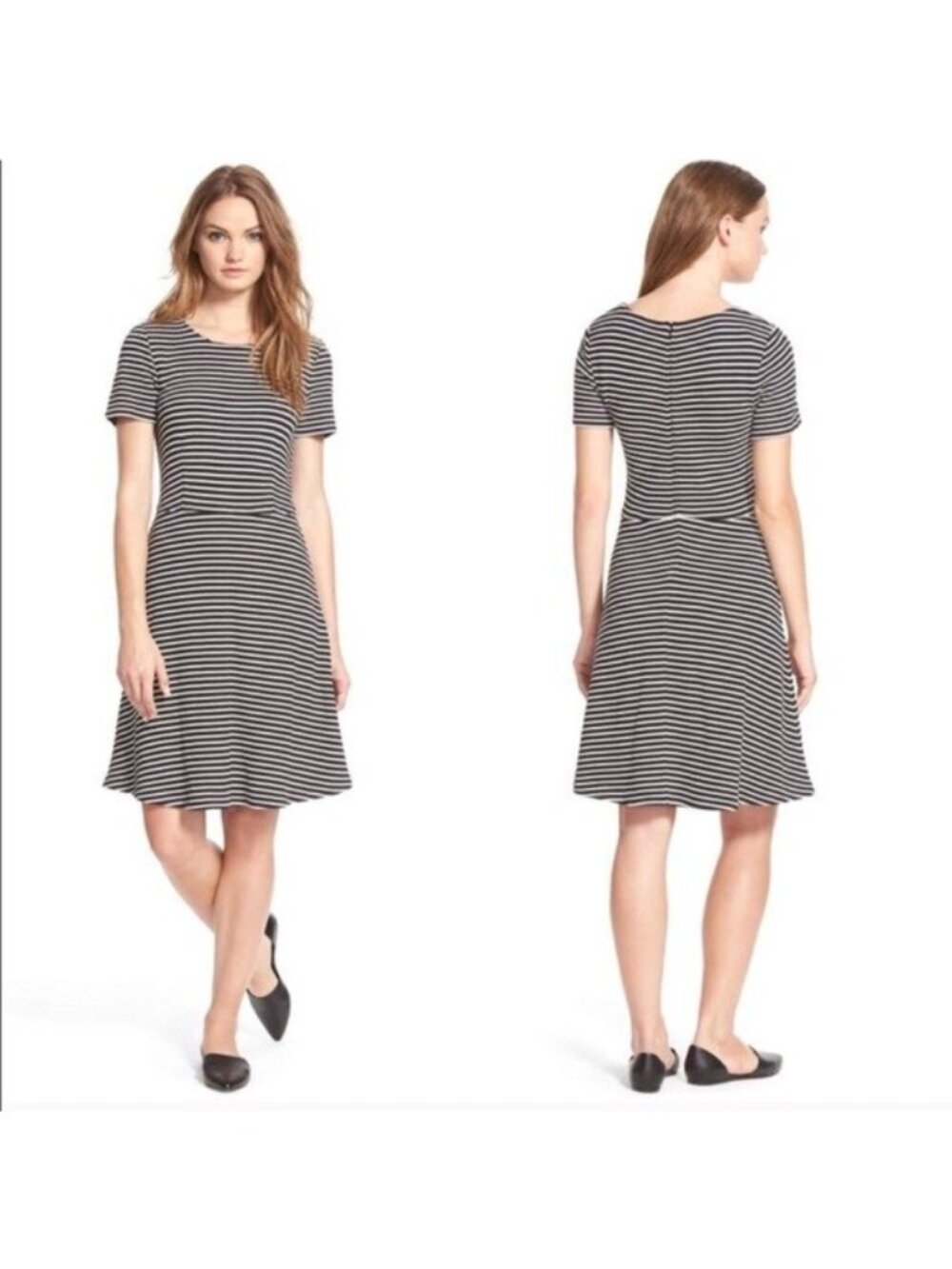 MADEWELL Gallerist Black White Striped Fit Flare Short Sleeve A-Line Dress XS